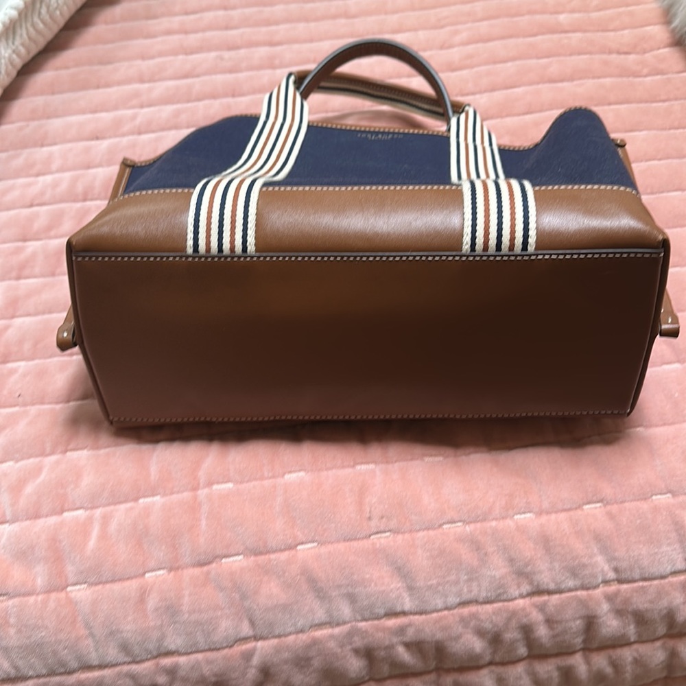 Tory Burch Navy Canvas and Tan Leather Tote with Multicolor Logo Strap - Picture 6 of 8